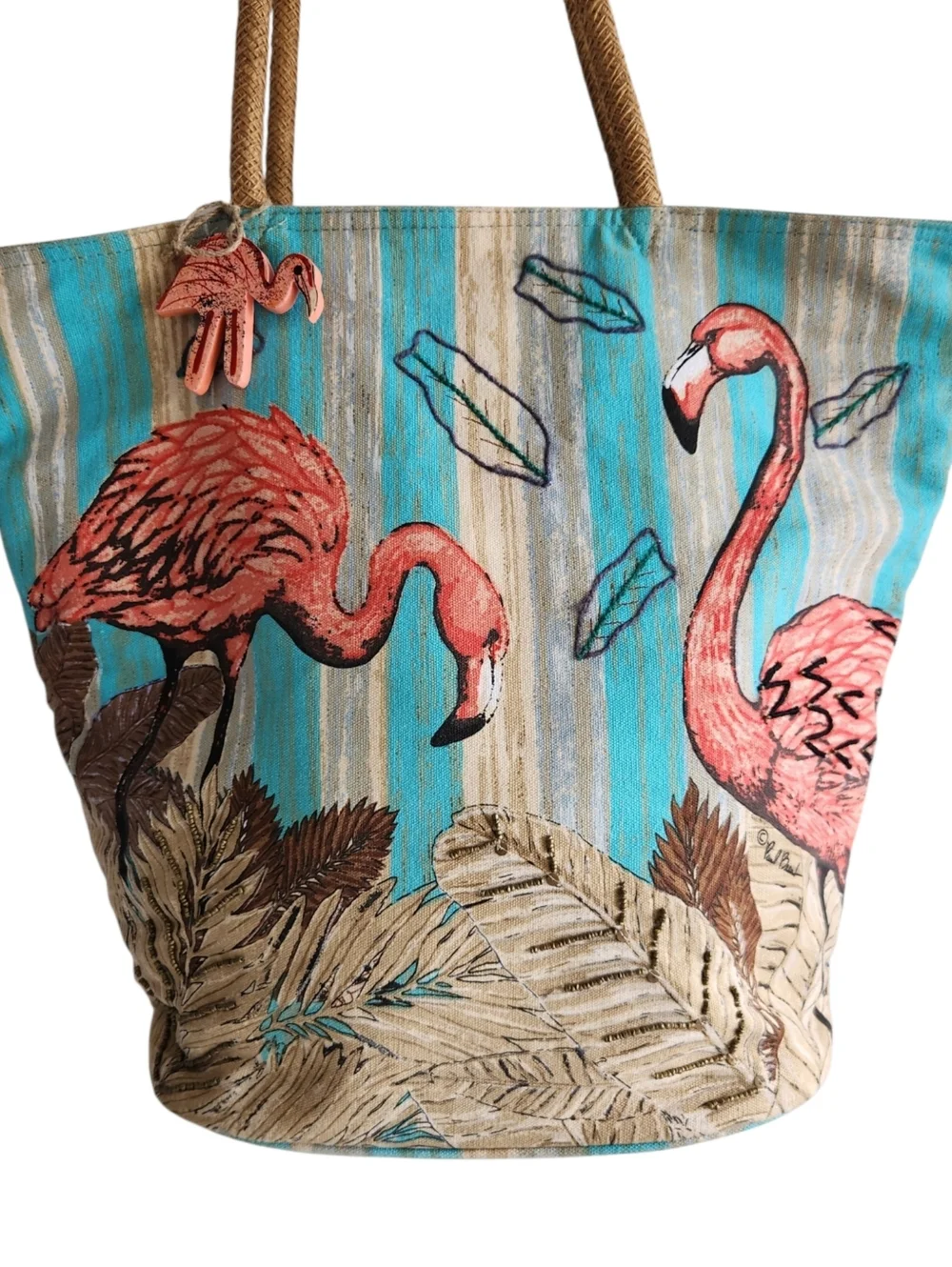 Paul Brent Large Artistic Canvas Flamingo Paradise Bag Beach Tote - Picture 2 of 16